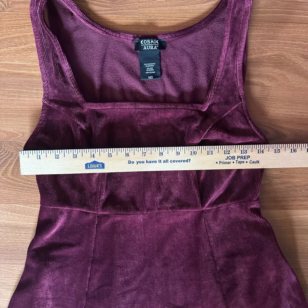 Cosmic Aura Velvet Corduroy Fit-and-Flare Dress in Burgundy - Picture 4 of 10